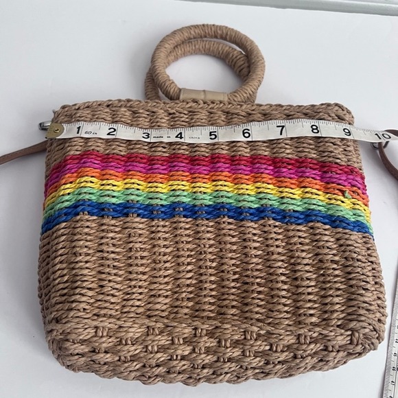 Straw Woven Tote Bag Rainbow Stripe Top Handle Crossbody Purse - Picture 3 of 14